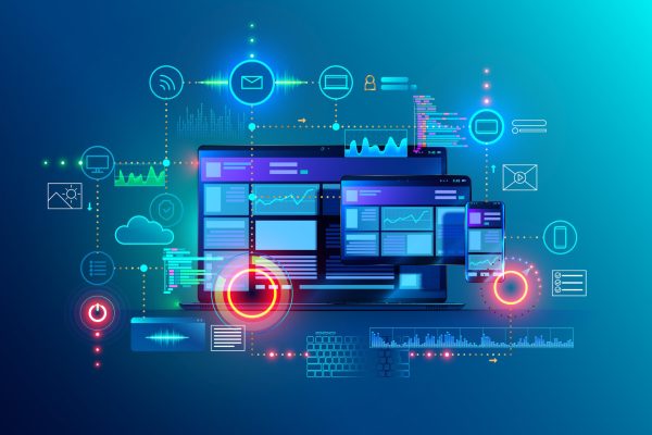 Cross platform website, app design development on laptop, phone, tablet. Technology of create software, code of mobile applications. Programming responsive layout of graphic interface, ui, ux concept.